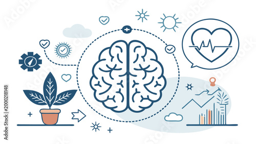 Brain Illustration with Heartbeat Line.