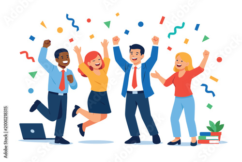Happy business team celebrating achievement success with abstract confetti elements