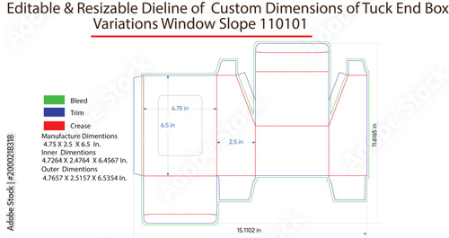 Editable dieline of custom tuck end box, packaging template with dimensions