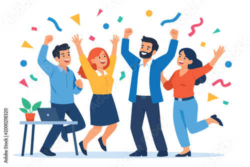 Happy business team celebrating achievement success with abstract confetti elements