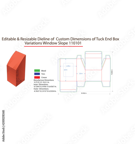 Tuck end box template, editable dieline, custom dimensions, window slope 110101