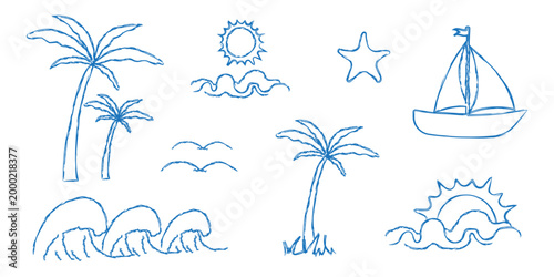 A set of hand-drawn vector beach illustrations. Summer seaside collection. Sun, wave, palm tree, starfish, birds, ship. Vector.