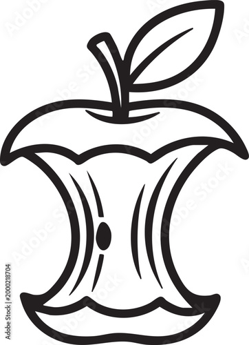 Black and white illustration of a halved apple with a leaf on top