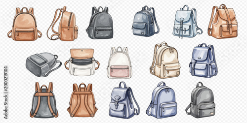Watercolor illustration set of various backpacks and rucksacks for travel, school, and everyday use, showcasing different styles and colors.