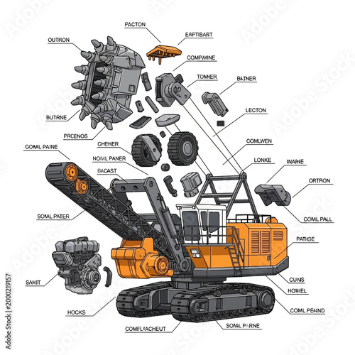Exploded View of an Orange Excavator Machine with Labeled Parts, Construction Equipment