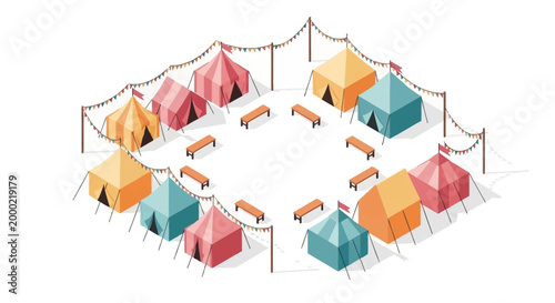 Overhead isometric illustration of a vibrant summer festival layout with colorful tents arranged in a circle around small wooden benches, all connected by strings of lights against a clean