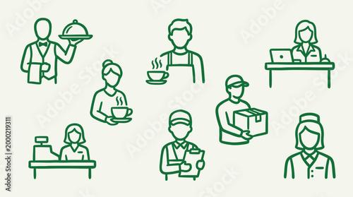 A collection of diverse professional icons representing various service industry roles and occupations.
