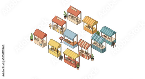 Isometric illustration showing multiple market stalls with colorful awnings arranged in a diamond shape, viewed from above against a stark white background, conveying a cheerful summer