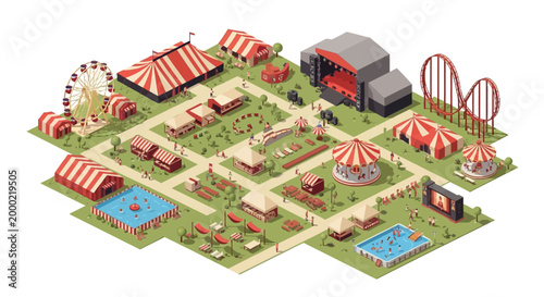 Isometric aerial view of a summer festival grounds featuring tents, a Ferris wheel, and a concert stage, rendered in a low-poly style against a light background, creating a vibrant