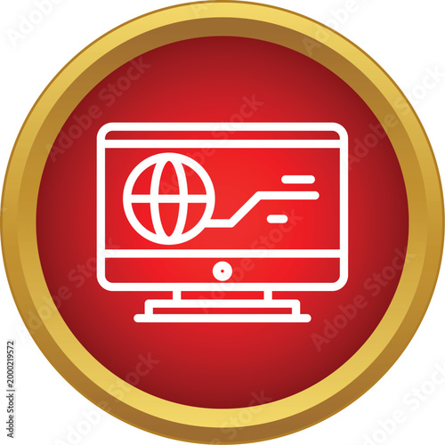 Computer monitor presenting a globe icon with connection lines within a bold red circle