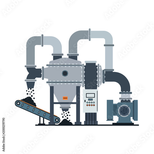 Industrial machine processing coal, modern factory equipment, conveyor belt, pipe system, illustration