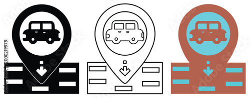 Car location pin on map icons set featuring a vehicle inside a pointer on road in silhouette, outline, and flat color styles.
