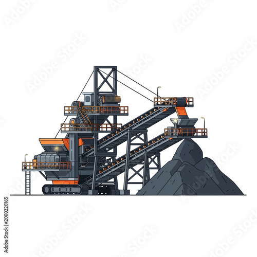 Industrial mining conveyor belt system processing raw materials and aggregate