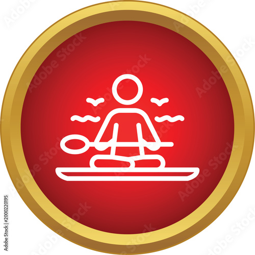Person meditating in lotus position on a paddle board with birds and water