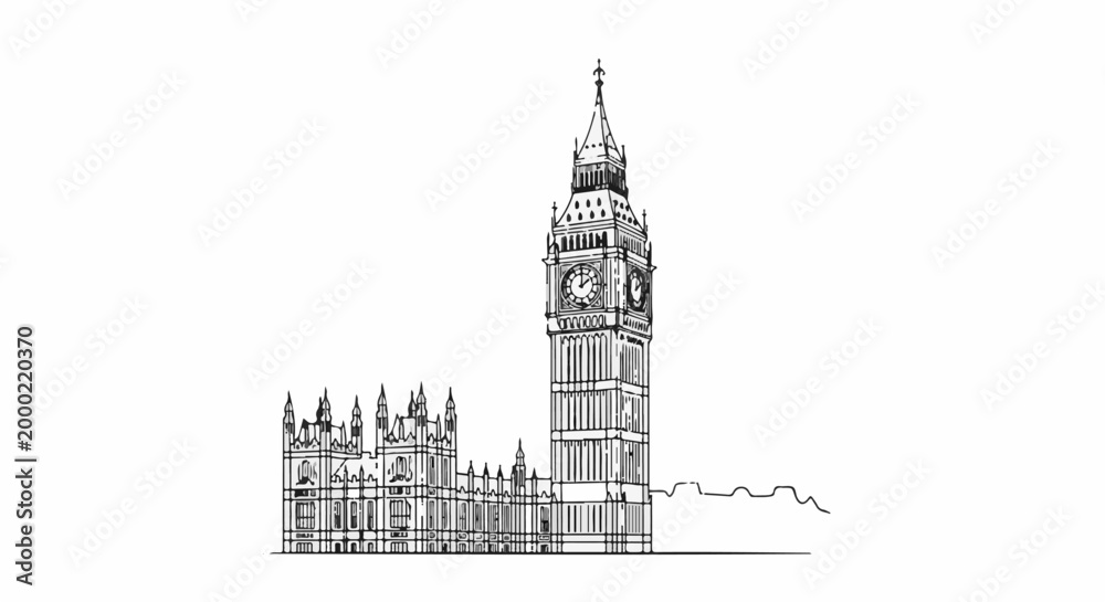 Fototapeta premium Sketch of a famous clock tower with an adjacent historic building