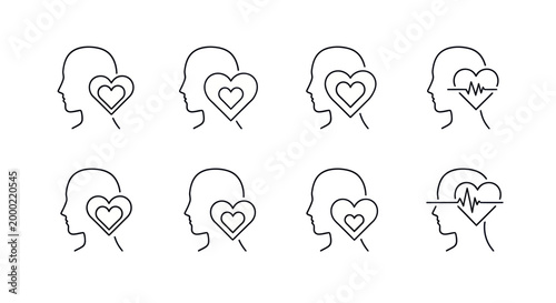 Line art illustrations of eight human heads in profile with hearts in their brains on a white background representing love and connection.