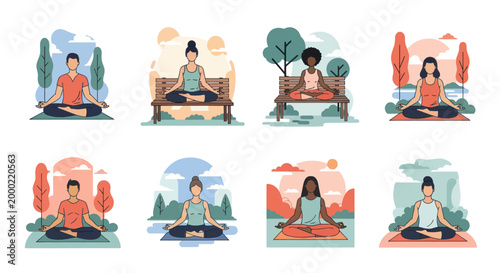 Diverse people practicing meditation and yoga in peaceful outdoor nature settings.