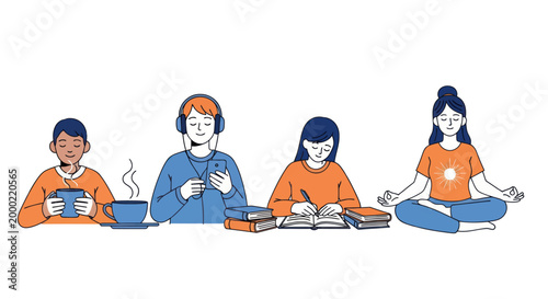 People practicing self care activities like meditation listening to music and journaling