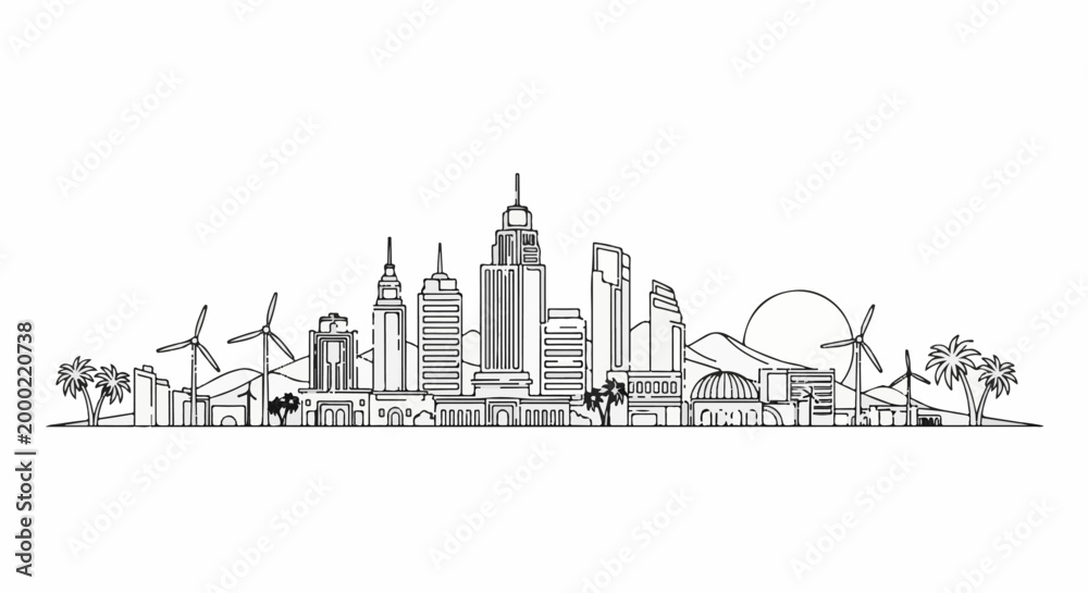 Fototapeta premium Stylized skyline with wind turbines, palm trees, and sun