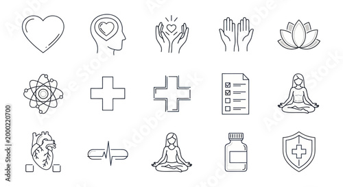 A collection of 14 line icons depicting various symbols of love, connection, and wellness on a clean white background with a minimalist style.