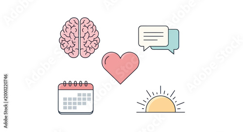 Flat design illustration of a brain, heart, chat bubble, calendar, and sunrise on a white background, conveying love and connection.