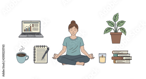 Illustration of a serene woman meditating surrounded by symbols of love, connection, and productivity including a laptop, notebook, and plants on a