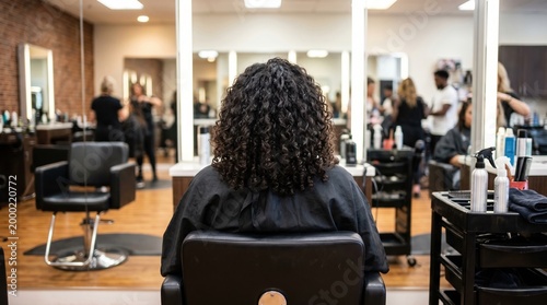 View from behind of a woman with curly dark hair sitting in a salon chair, with reflections of other clients