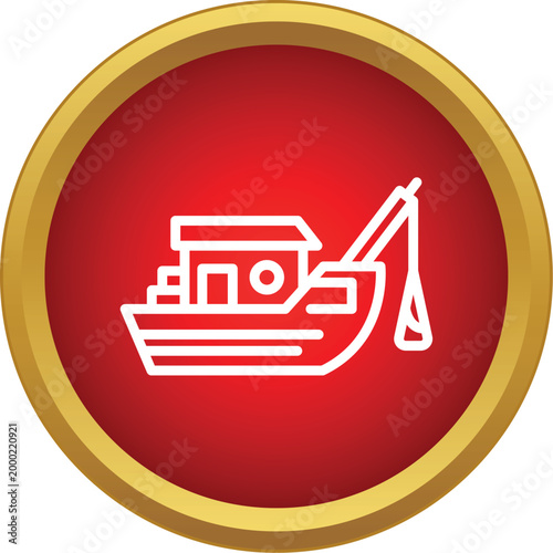 Fishing boat outline icon on a red and gold background, symbolizing seafood and marine work