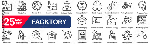 Factory and manufacturing Web Icon Set in Linear Style. Collection of manufacturing line icons, including automation, plants, machine, warehouse and more. Editable stroke