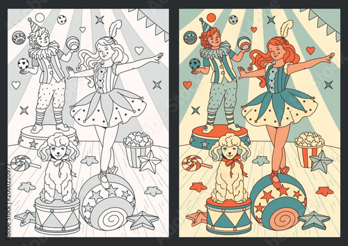 Vintage circus set featuring a performer girl balancing on a ball, a cheerful dog, and a juggling clown. Includes monochrome coloring page and richly painted companion piece.