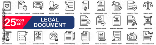Legal documents icon set in line style. certificate, licence, contract, diploma, signature, stamp, agreements, visa, passport Editable line icons. Vector illustration.