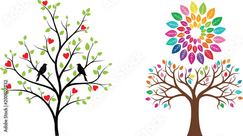 Vector Set of Colorful Trees with Leaves and Birds in Black Silhouette and Vibrant Flowering Tree Design