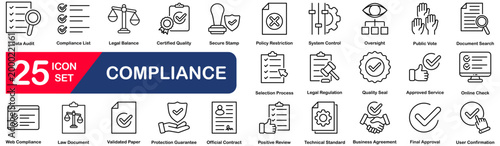 Compliance web icons in line style. Regulations, policy, legal document, quality control, responsibility, law. Editable stroke. Vector illustration.