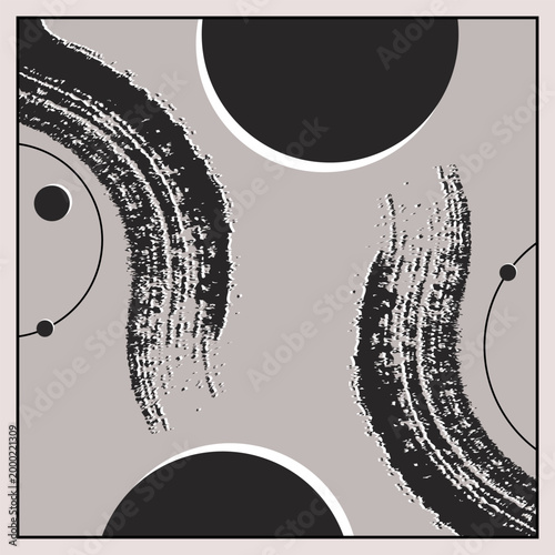 Abstract geometric background with grunge brush strokes, circular shapes, and minimalist monochrome design, modern artistic texture for creative layouts.
