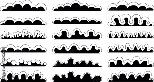 Collection of liquid wave shapes and dripping borders set with abstract fluid forms black and white vector illustration design