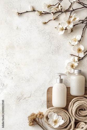 White blossom branch above spa bottles and rolled towels on textured surface