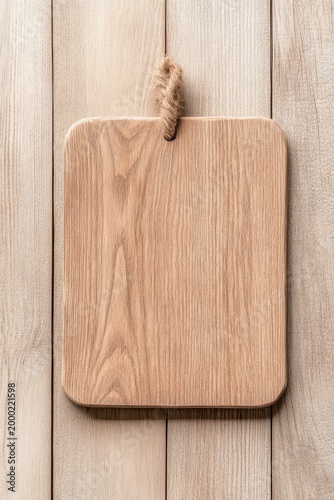 Natural wood cutting board with rope hanging against weathered wood plank background.