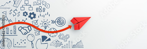 Red paper plane, Arrow and Business strategy on white background, Business success, innovation and solution concept, copy space