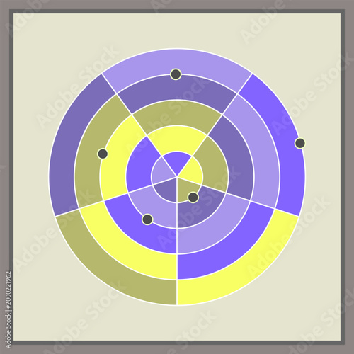 Abstract circular geometric chart with segmented rings and nodes in purple, yellow, and muted tones. Modern minimal infographic style, ideal for data visualization, UI, and design backgrounds.