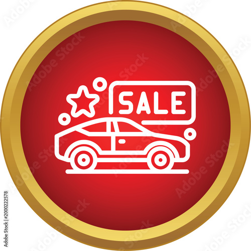 Car sale concept with star and text in red circle icon