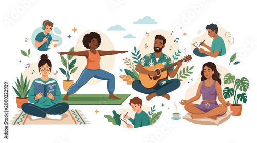 People doing yoga and playing music.