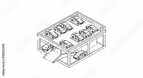 Isometric line drawing of a multi-level parking garage filled with cars