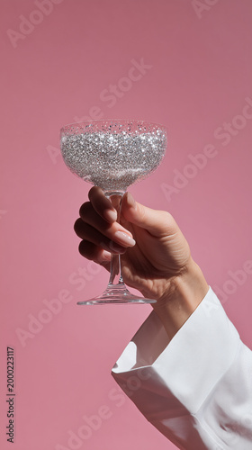 Hand holding a glass against a pink background. Toast. Summer party. Party. Celebrate.