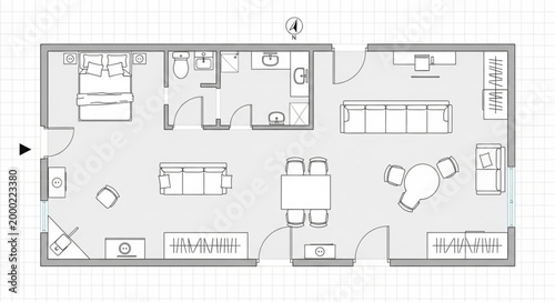 Modern house floor plan with furniture layout.