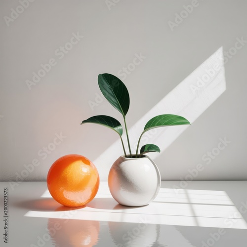 Orange and plant in white pot on reflective surface with sunlight