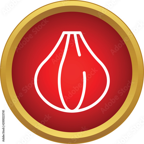 Circular icon featuring a stylized khinkali dumpling on a red background with a gold border