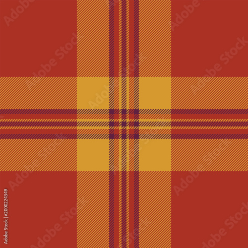 Tiny plaid texture textile, duvet cover tartan check pattern. Bed fabric vector background seamless in red and golden orange colors.