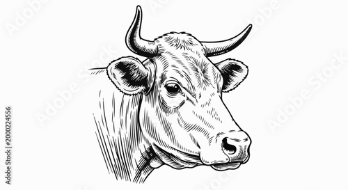 A detailed, hand-drawn black and white illustration of a cow's head with prominent horns