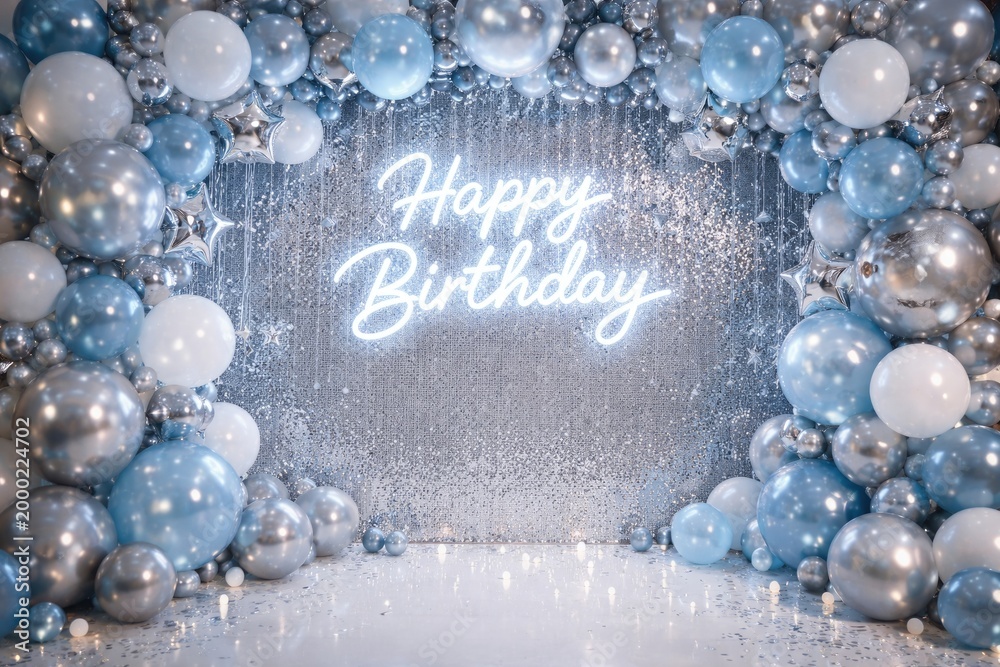 Fototapeta premium Neon text and silver blue balloons decorating birthday photo area with ample copy space