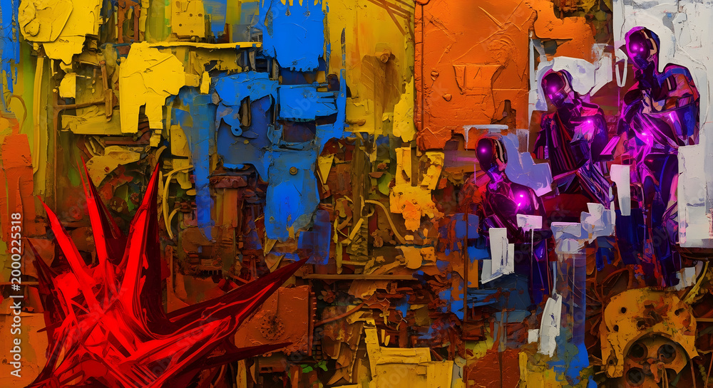 Fototapeta premium Colorful Geometric Abstract Painting with Heavy Outlines and Vibrant Warm Tones